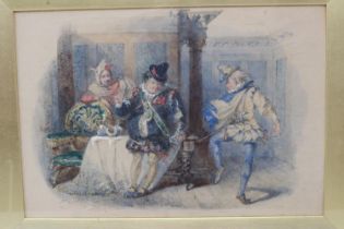 Framed watercolour, Twelfth Night by F.J Holding 1867, 20 x 11 cm. Not available for in-house P&P