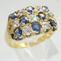 Victorian 18ct gold cluster ring set with sapphires and old cut diamonds, size N, 6.0g. UK P&P Group