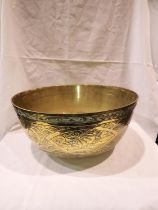 Large Oriental polished brass bowl, D: 39 cm. Not available for in-house P&P