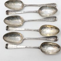 Set of six hallmarked silver dessert spoons with armorial, maker G.A, London assay, 1865, 242g. UK