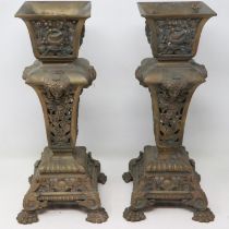 Pair of 19th century brass garnitures, relief cast in the Neo Classical manner, H: 32 cm. UK P&P