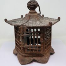 Late 19th/early 20th century Chinese cast metal hanging cage or lantern in the form of a Pagoda,