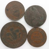 Copper token: 1789 Associated Irish Mine Company Cronebane, two British Commonwealth coins: Jersey