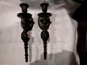 Pair of bronzed wall mounted candle sticks, H: 25 cm. Not available for in-house P&P