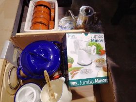 Selection of mixed kitchen ware to include boxed set of new stone pots. Not available for in-house