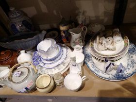 Shelf of mixed ceramics including Aynsley and Royal Doulton. Not available for in-house P&P