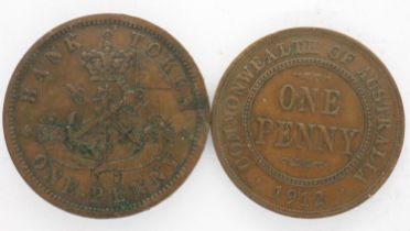 British Commonwealth coins: 1857 one penny Canadian Bank token and 1912 Australian penny (2). UK P&P