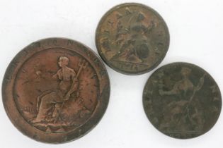 1797 cartwheel twopence of George III and two further coins (3). UK P&P Group 0 (£6+VAT for the