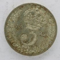 1912 silver threepence of George V - gEF grade, UK P&P Group 0 (£6+VAT for the first lot and £1+