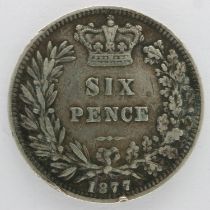 1877 silver sixpence of Queen Victoria - VF grade, UK P&P Group 0 (£6+VAT for the first lot and £1+