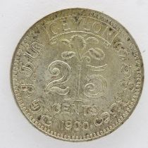 1900 Ceylon silver 25 cents of Queen Victoria. UK P&P Group 0 (£6+VAT for the first lot and £1+VAT
