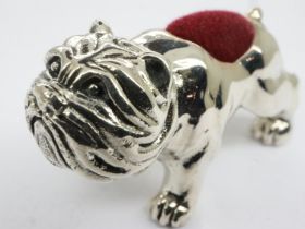 Sterling silver diminutive bulldog pin cushion, L: 38 mm. UK P&P Group 1 (£16+VAT for the first