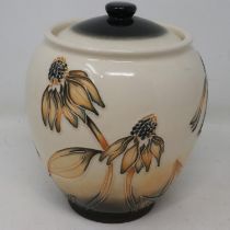 Moorcroft covered jar in the Cornflower pattern, no cracks or chips, H: 16 cm. UK P&P Group 2 (£20+