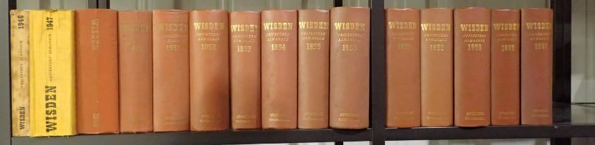 Wisden Cricketers Almanack Sporting Handbooks in fifteen volumes, 1946-1961, lacking 1949. Not