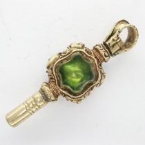 Yellow metal pocket watch key set with bloodstone and topaz, L: 30 mm, 2.4g. UK P&P Group 0 (£6+