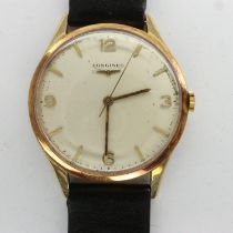 LONGINES: gents 9ct gold cased wristwatch on a black leather strap, manual wind, dial D: 39 mm,