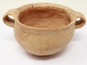 Neolithic period red clay twin handled receptacle, minor surface losses but no further damages, D: