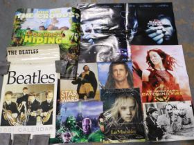 Mixed cinema posters etc including The Dark Knight and two Beatles calanders, 2001 and 2005 etc.