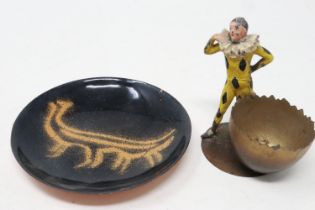 Cold painted bronze Pierrot egg cup and delware New Zealand enamelled dish, dish D: 11 cm. UK P&P