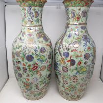 Large pair of Chinese Canton Famille Rose porcelain celadon glazed vases, each of tied bag form,