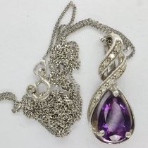 9ct white gold amethyst and diamond set pendant necklace, chain L: 46 cm, 2.4g. UK P&P Group 0 (£6+
