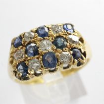 Victorian 18ct gold cluster ring set with sapphires and old cut diamonds, size N, 6.0g. UK P&P Group