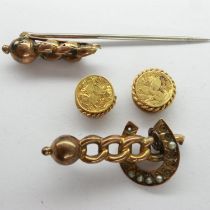 Two yellow metal brooches, one damaged, and three yellow metal studs, combined 3.9g. UK P&P Group