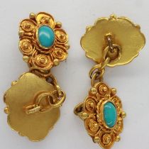 Pair of yellow metal cufflinks set with turquoise cabochons, 7.1g. UK P&P Group 0 (£6+VAT for the