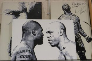 Three canvas paintings, including Quinton Rampage Jackson eyeing Wanderlei Silva, one signed, each