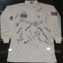 Cricket white long sleeve 5GM Star shirt, Tetleys, signed by the 1995 Yorkshire Team, professionally