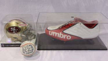 Sporting collectables, including a 2013 dated baseball bearing facsimile signatures, Umbro cased