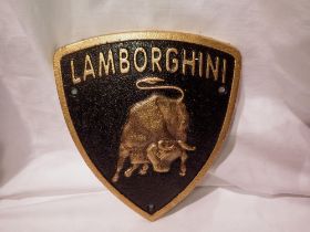 Cast iron Lamborghini plaque, W: 17 cm. UK P&P Group 1 (£16+VAT for the first lot and £2+VAT for