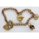 9ct gold charm bracelet with padlock clasp and three 9ct gold charms, L: 18 cm, 9.6g. UK P&P Group 0