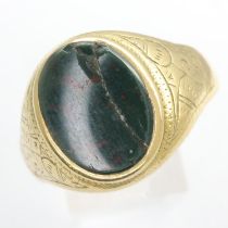 Presumed 18ct gold (hallmarks rubbed) gents signet ring set with bloodstone, size Z, 13.1g,