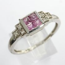 9ct white gold ring set with pink sapphires and diamonds, size S, 2.5g. UK P&P Group 0 (£6+VAT for