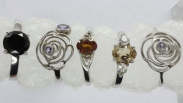 Five Gemporia and TGGC 925 silver stone set rings, mixed sizes. UK P&P Group 0 (£6+VAT for the first