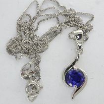 9ct white gold neck chain, with unmarked sapphire set pendant, chain L: 44 cm, 1.8g. UK P&P Group