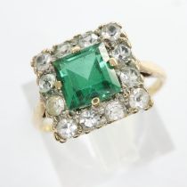 18ct gold ring set with a princess cut emerald surrounded by white topaz, size J, 1.5g. UK P&P Group