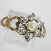 9ct gold cluster ring set with pearl and white stones, size R, 1.1g. UK P&P Group 0 (£6+VAT for