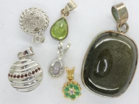 Six 925 silver pendants, including Gemporia and TGGC, largest H: 35 mm. UK P&P Group 0 (£6+VAT for