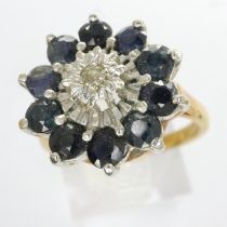 9ct gold cluster ring set with diamond and sapphires, size O, 4.3g. UK P&P Group 0 (£6+VAT for the