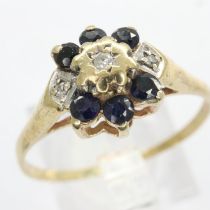 9ct gold cluster ring set with diamonds and sapphires, size R/S, 1.7g. UK P&P Group 0 (£6+VAT for