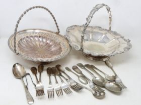 Two silver plated cake baskets by Walker and Hall and a small collection of silver plated flat ware.