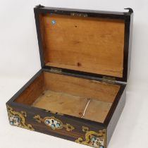 Mahogany jewellery box with brass mounts and turquoise cabochons, one mount loose, 27 x 18 x 12 cm