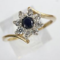 9ct gold cluster ring set with sapphire and cubic zirconia, size M, 2.0g. UK P&P Group 0 (£6+VAT for