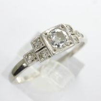 18ct white gold platinum set Art Deco diamond ring with diamond shoulders, size Q, 2.5g. UK P&P