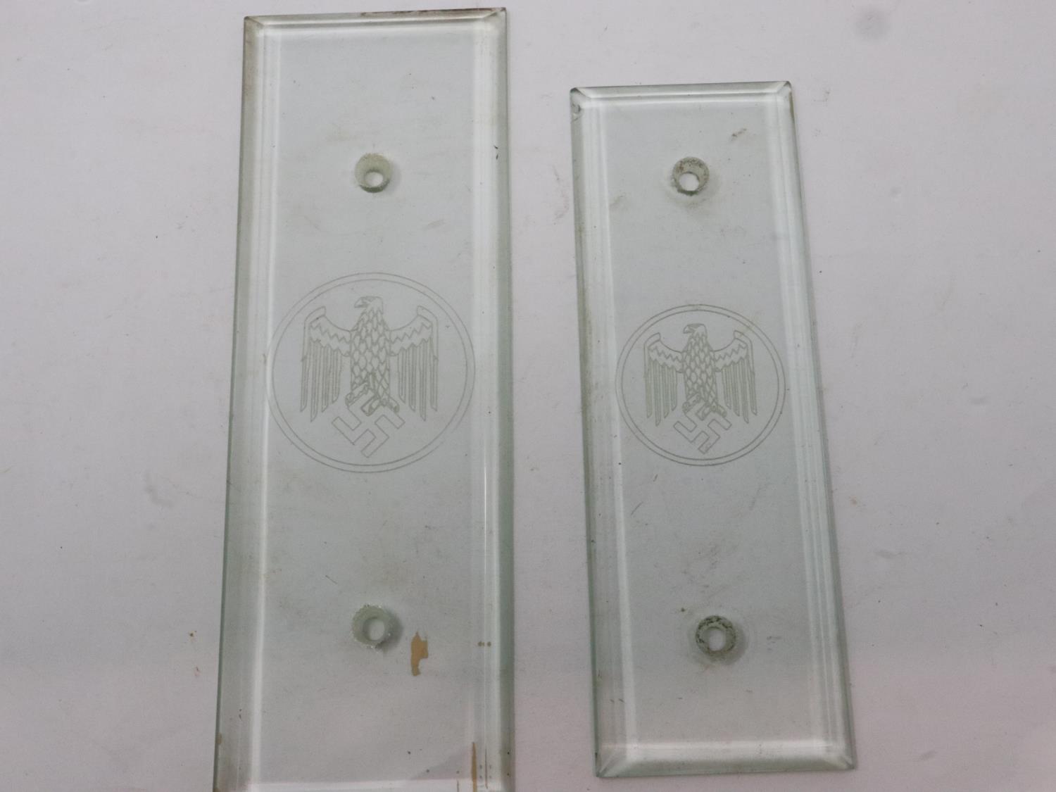 Two rare Third Reich etched glass finger plates, removed from doors in a Government building (