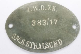 WWI Kaiserliche Marine (Imperial Navy) dog tag to a sailor on the SMS Stralsund, a Magdeburg-class