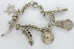 Sterling silver charm bracelet with six charms, L: 18 cm. UK P&P Group 0 (£6+VAT for the first lot
