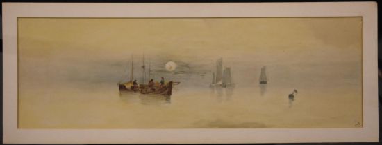A 19th century watercolour, fishing boats at sunrise, initialed MS, 60 x 19 cm. UK P&P Group 2 (£